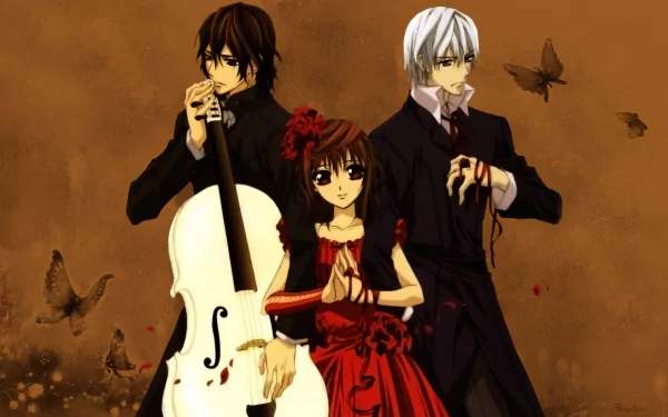 Anime scene featuring Kaname Kuran, Zero Kiryu, and Yuki Kuran from Vampire Knight, with a cello, butterflies, and decorative elements like petals and ribbons. HD desktop wallpaper.