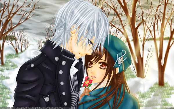 A snowy winter scene featuring Zero Kiryu and Yuki Kuran from Vampire Knight, capturing an intimate moment amidst a serene backdrop of bare trees. HD wallpaper for fans.