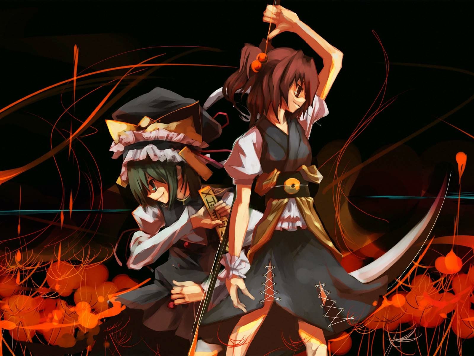 HD anime desktop wallpaper featuring Shikieiki Yamaxanadu and Komachi Onozuka from the Touhou series, set against a dark, fiery background.