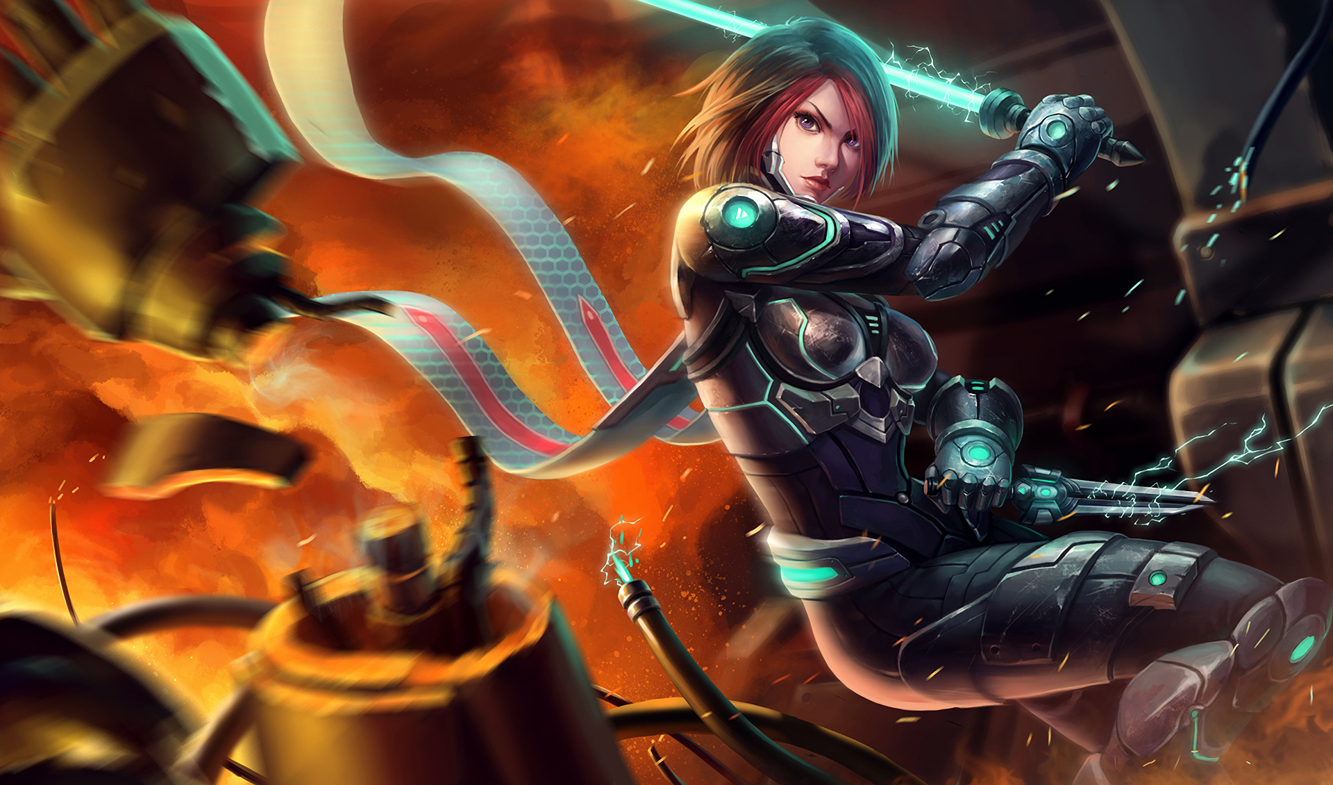 HD PC desktop wallpaper featuring Fiora from the video game League of Legends in dynamic action with glowing armor and a fiery background.