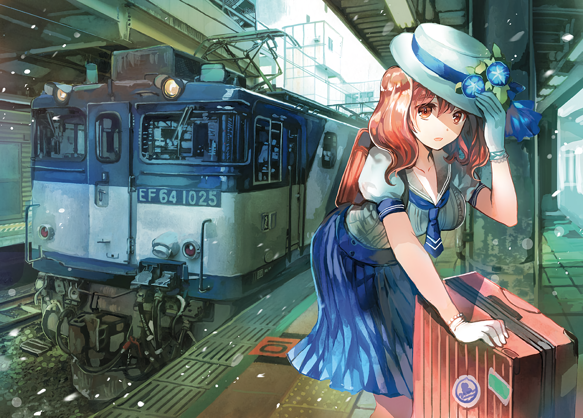 An anime-inspired HD desktop wallpaper featuring a girl in a blue and white dress with a suitcase, set against a train backdrop in a vibrant, bustling station.