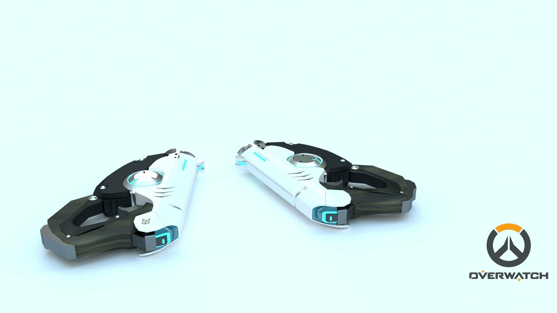 4K Ultra HD Overwatch-themed desktop wallpaper featuring detailed futuristic guns from the video game.