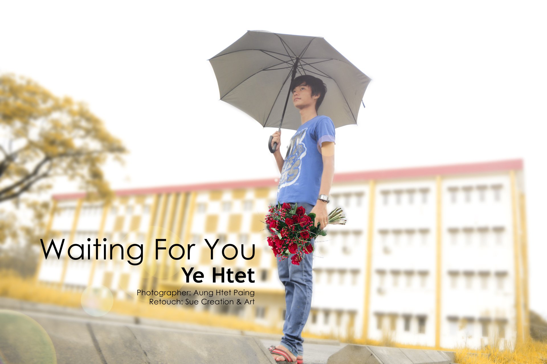 Man standing on a bright outdoor walkway holding an umbrella and bouquet, blurred building backdrop with text overlay; 5K Ultra HD PC desktop wallpaper and background.
