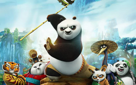 HD desktop wallpaper featuring Po and other characters from the movie Kung Fu Panda 3, set against a vibrant background.