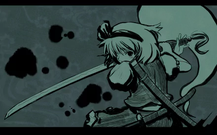Stylized HD PC desktop wallpaper of Youmu Konpaku (Myon) from Touhou: monochrome teal anime illustration of a sword-wielding, ghostly swordswoman mid-strike against an ink-splash backdrop.