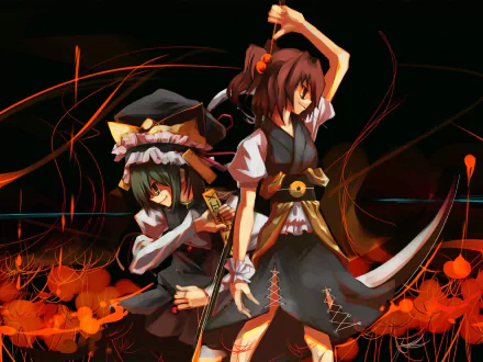 HD anime desktop wallpaper featuring Shikieiki Yamaxanadu and Komachi Onozuka from the Touhou series, set against a dark, fiery background.