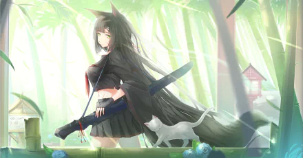 A vibrant anime scene featuring a young woman in a black outfit with a sword, accompanied by a white cat, set against a lush bamboo forest. This HD image serves as a captivating desktop wallpaper.