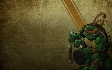 HD wallpaper featuring Michelangelo from the Teenage Mutant Ninja Turtles comic series, showcasing his playful demeanor against a textured background.