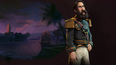 HD desktop wallpaper of Pedro II from Civilization VI, depicting the Brazilian emperor in detailed uniform against a dark, atmospheric riverside background.
