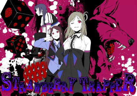 Anime HD PC wallpaper of Love Live! Sunshine!! trio Yoshiko Tsushima, Riko Sakurauchi and Mari Ohara in dark gothic outfits with red dice and a snarling magenta wolf, Strawberry Trapper text.