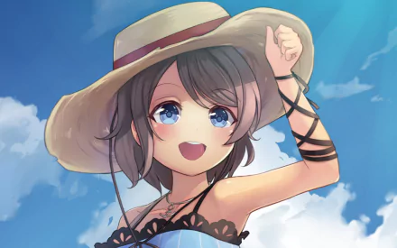 You Watanabe from Love Live! Sunshine!! smiles brightly against a clear blue sky, wearing a wide-brimmed hat and a summer outfit in this HD anime wallpaper.