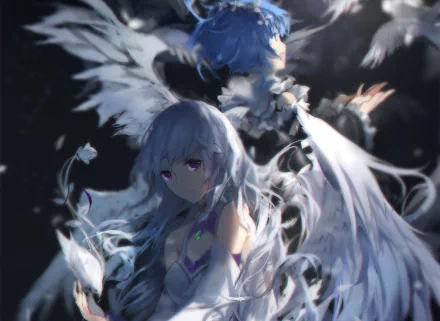 An HD desktop wallpaper featuring Rem and Emilia from the anime Re:Zero - Starting Life in Another World, with detailed artwork and a dark, ethereal background.