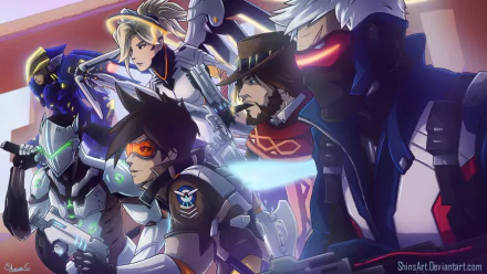 HD desktop wallpaper featuring Tracer, Genji, Pharah, Mercy, Hanzo, and Soldier: 76 from Overwatch, captured in a dynamic action pose.