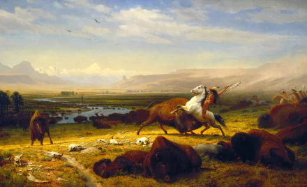 Artistic painting of a Native American on horseback hunting American bison across a vast landscape, captured in high-definition for a PC desktop wallpaper.
