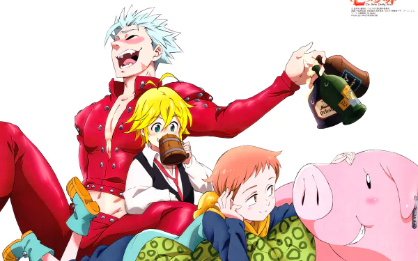 HD desktop wallpaper featuring characters Hawk, Ban, King, and Meliodas from the anime The Seven Deadly Sins, showcasing a lively and colorful scene with cheerful expressions and dynamic poses.