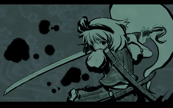 Stylized HD PC desktop wallpaper of Youmu Konpaku (Myon) from Touhou: monochrome teal anime illustration of a sword-wielding, ghostly swordswoman mid-strike against an ink-splash backdrop.