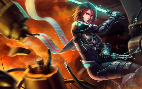 HD PC desktop wallpaper featuring Fiora from the video game League of Legends in dynamic action with glowing armor and a fiery background.