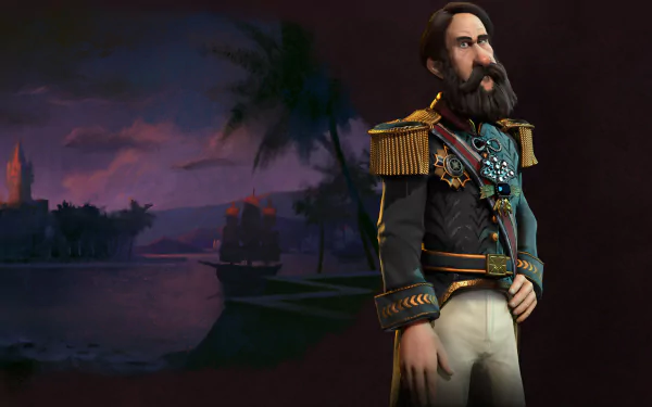 HD desktop wallpaper of Pedro II from Civilization VI, depicting the Brazilian emperor in detailed uniform against a dark, atmospheric riverside background.