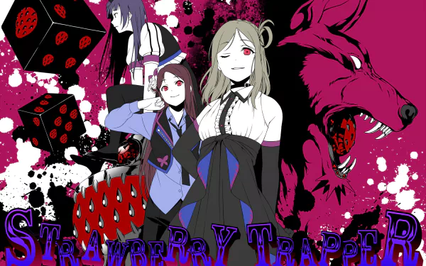 Anime HD PC wallpaper of Love Live! Sunshine!! trio Yoshiko Tsushima, Riko Sakurauchi and Mari Ohara in dark gothic outfits with red dice and a snarling magenta wolf, Strawberry Trapper text.