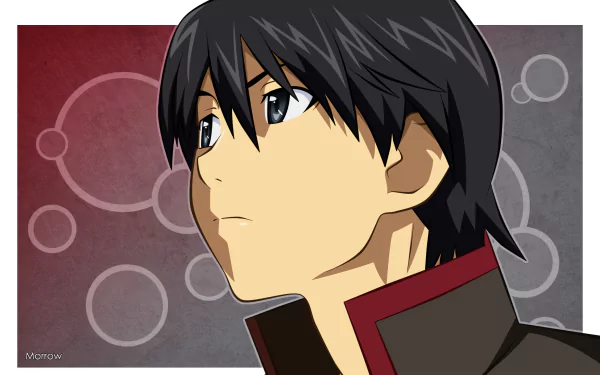 Koyomi Araragi (Monogatari series) anime portrait in HD PC desktop wallpaper: three-quarter profile looking up against a muted red-gray background with circular motifs.