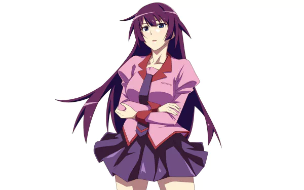 Hitagi Senjōgahara from the Monogatari series, arms crossed in her school uniform — HD anime PC desktop wallpaper/background.