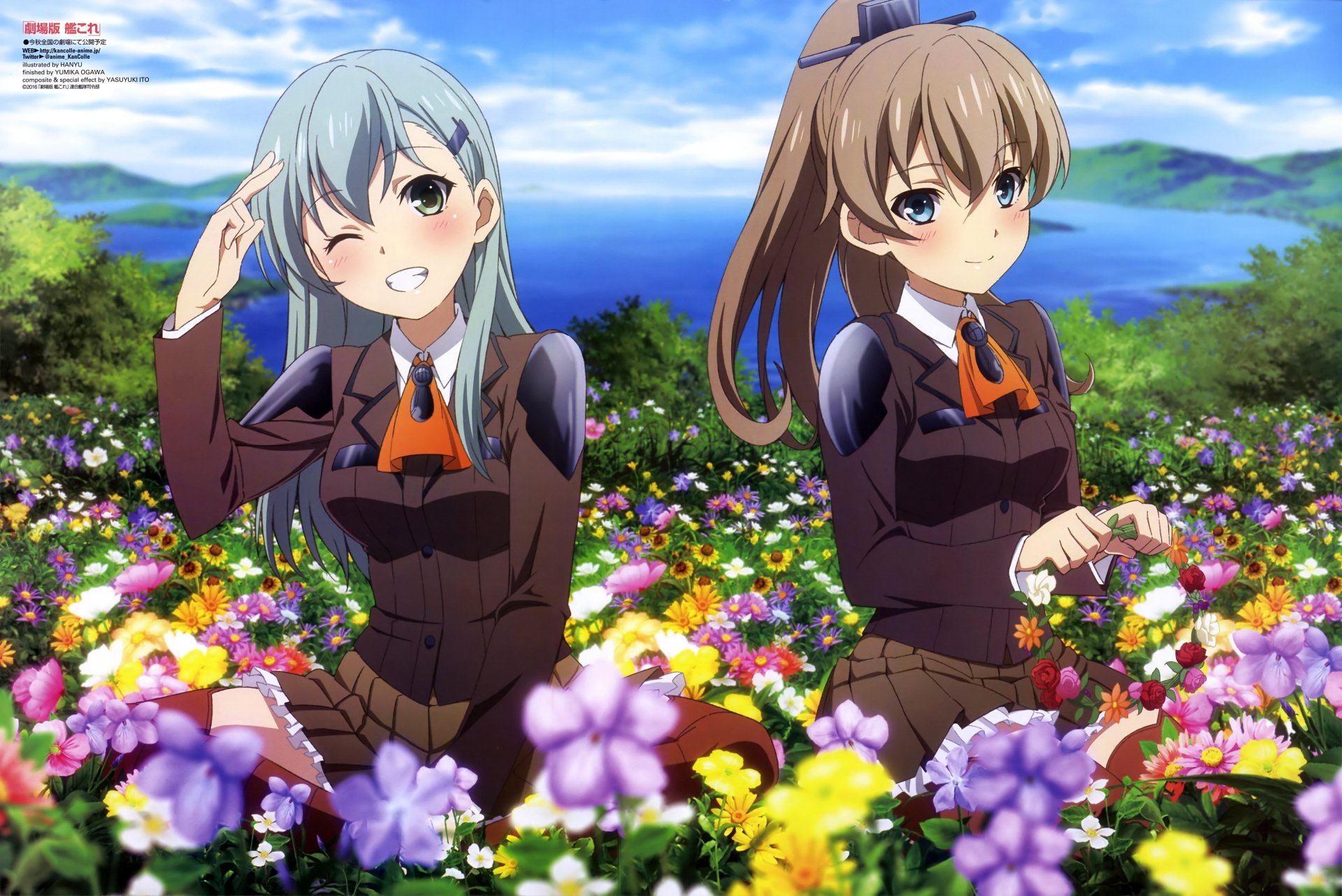 A vibrant 4K Ultra HD wallpaper featuring Suzuya and Kumano from Kantai Collection, amidst a colorful field of flowers against a serene background.