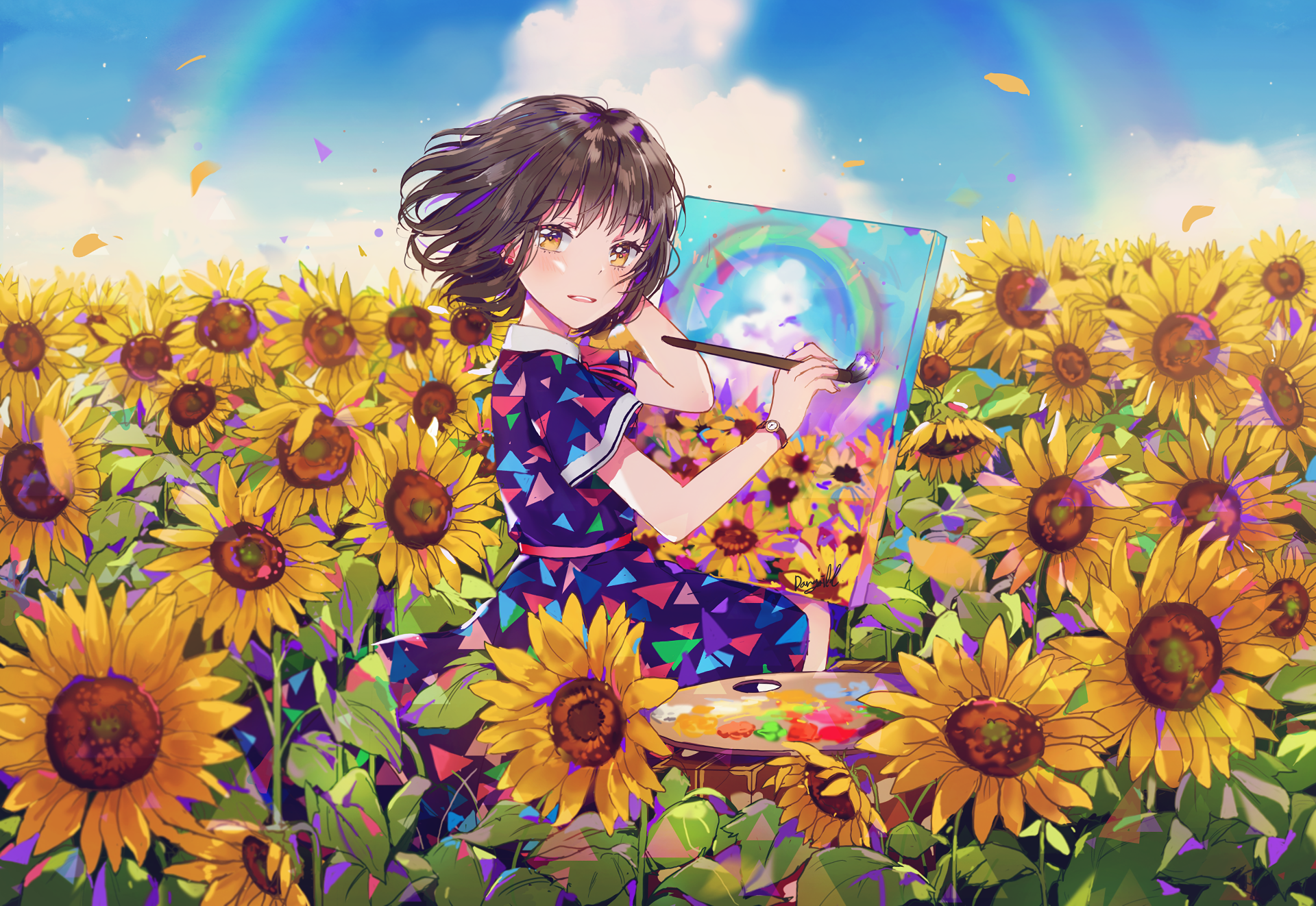 HD anime wallpaper featuring a girl in a colorful dress, painting in a vibrant sunflower field under a bright sky with rainbows. Original artwork capturing creativity and nature.