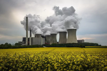 A power plant towers over a field of vibrant yellow flowers, with plumes of smoke rising from its cooling towers, showcasing the contrast between nature and man-made energy production.
