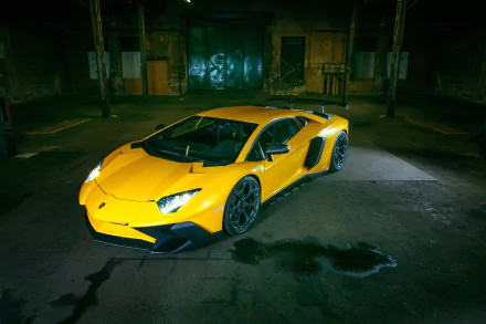A striking yellow Lamborghini Aventador SV supercar showcased in a dark, industrial setting, captured in 4K Ultra HD for a vivid PC desktop wallpaper.