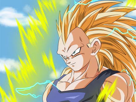 HD wallpaper featuring Vegeta from Dragon Ball Z, showcasing his iconic spiky hair and intense expression, surrounded by vibrant energy effects against a clear blue sky.