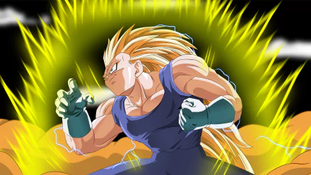 Vegeta from Dragon Ball Z transforms into Super Saiyan 3, showcasing his powerful stance amidst a vibrant yellow energy backdrop in this HD anime wallpaper.