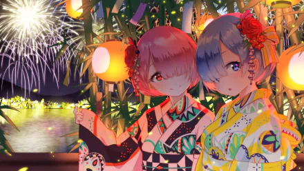 HD desktop wallpaper featuring Ram and Rem from Re:Zero - Starting Life in Another World, set against a vibrant background with lanterns and fireworks at a festival.