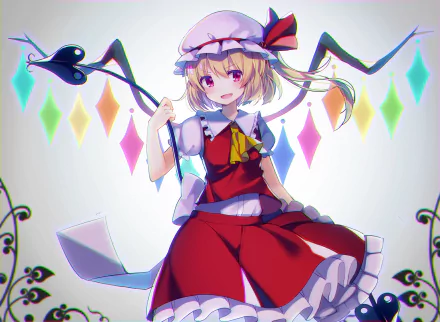 HD anime desktop wallpaper featuring Flandre Scarlet from Touhou, showcasing her with colorful crystal wings and a red dress against a bright background.
