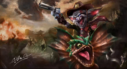 Kled from League of Legends brandishes a gun, riding his fearsome steed. A dramatic, action-packed digital artwork perfect for a HD PC desktop wallpaper.