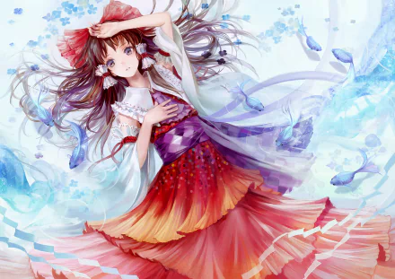 HD PC desktop wallpaper featuring Reimu Hakurei from the anime Touhou, surrounded by flowing ribbons and soft blue floral elements in vibrant colors.