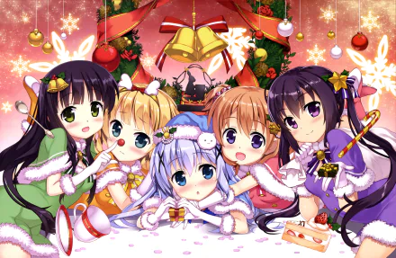 8K Ultra HD anime wallpaper featuring Cocoa Hoto, Chiya Ujimatsu, Tippy, Rize Tedeza, Sharo Kirima, and Chino Kafū from Is the Order a Rabbit, in festive holiday attire.