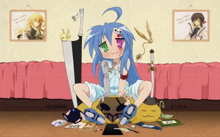Konata Izumi, the playful character from the anime Lucky Star, is depicted in this HD wallpaper surrounded by various cute items, showcasing her fun and quirky personality.