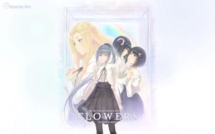 HD PC wallpaper: anime illustration of Ringo Sasaki, Nerine Komikado, and Ichigo Sasaki posed among soft pastel flowers with a rainbow-lit window background.