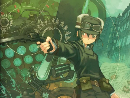 An HD desktop wallpaper featuring a character from Kino's Journey, holding a gun against a vibrant, intricate background filled with gears and symbols.