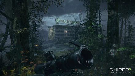 HD PC desktop wallpaper featuring a misty forest scene from the video game Sniper: Ghost Warrior 3, highlighting a sniper rifle scope aimed at a distant building.
