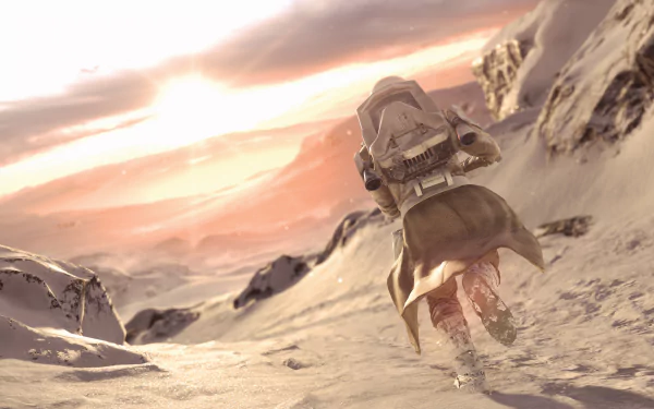 Snowtrooper from Star Wars Battlefront (2015) moves through a snowy mountain landscape, captured in 8K Ultra HD for a PC desktop wallpaper.