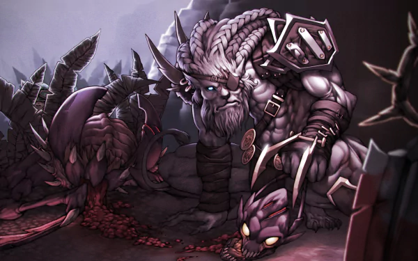 Cho'Gath and Rengar from the video game League of Legends in a dark, stylized 2K Quad HD PC desktop wallpaper/background, the void monster and feral hunter amid spiked ruins.