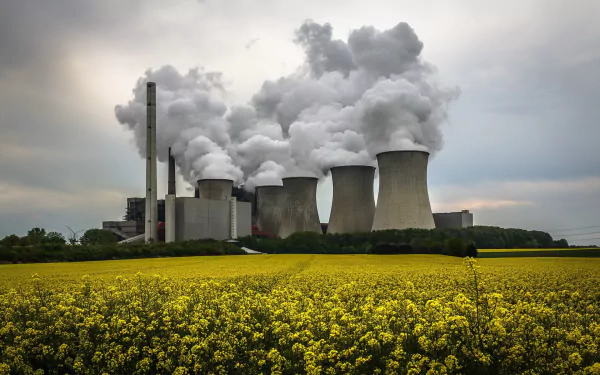 A power plant towers over a field of vibrant yellow flowers, with plumes of smoke rising from its cooling towers, showcasing the contrast between nature and man-made energy production.