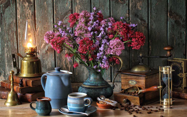 lamp flower hourglass coffee photography still life HD Desktop Wallpaper | Background Image