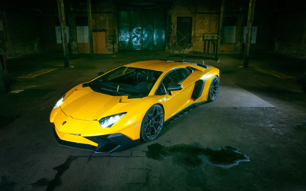 A striking yellow Lamborghini Aventador SV supercar showcased in a dark, industrial setting, captured in 4K Ultra HD for a vivid PC desktop wallpaper.