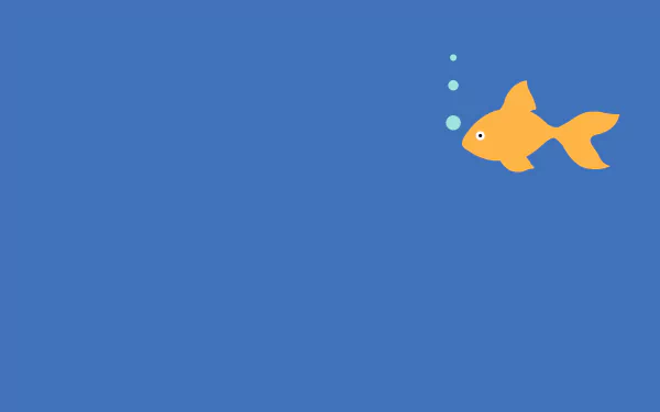 Minimalist blue artistic 8K Ultra HD PC desktop wallpaper and background: solitary stylized orange fish with three bubbles on a solid blue field.