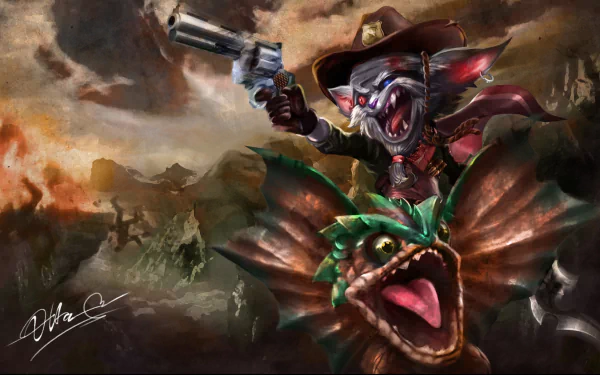 HD PC desktop wallpaper featuring Kled from the video game League of Legends riding his mount against a dramatic, stormy background.