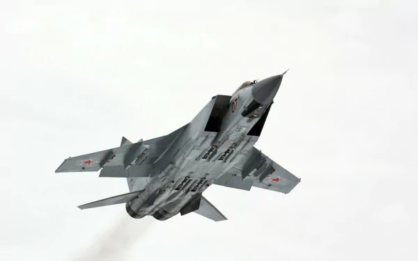 HD desktop wallpaper featuring a Mikoyan MiG-31 military aircraft captured mid-flight against a pale sky.