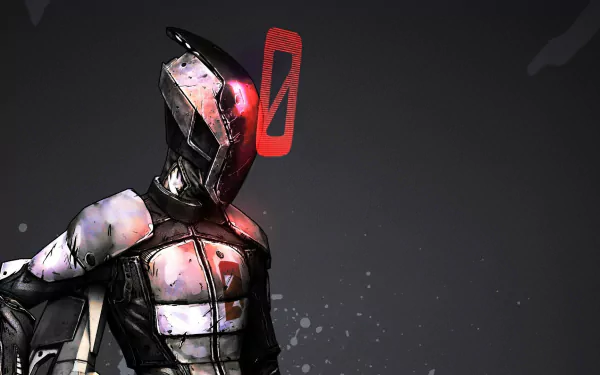 Zer0 from Borderlands 2 stands confidently against a dark backdrop, showcasing his sleek design with a prominent '0' symbol, perfect for a HD PC desktop wallpaper.