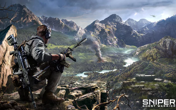 A sniper surveys a dramatic mountainous landscape in Sniper: Ghost Warrior 3, showcasing intense action and tactical gameplay in this striking HD desktop wallpaper.